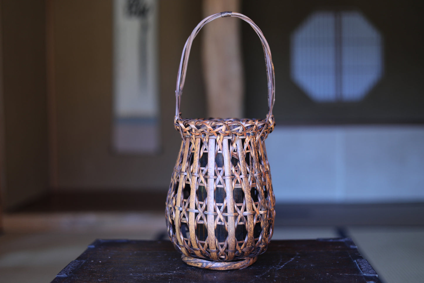 FINE! Japanese antique bamboo woven basket in smoke stained color with Kanji signature ,For IKEBANA, Tea ceremony H15.7x6.7in/40×17cm