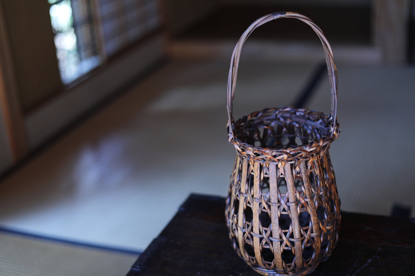 FINE! Japanese antique bamboo woven basket in smoke stained color with Kanji signature ,For IKEBANA, Tea ceremony H15.7x6.7in/40×17cm