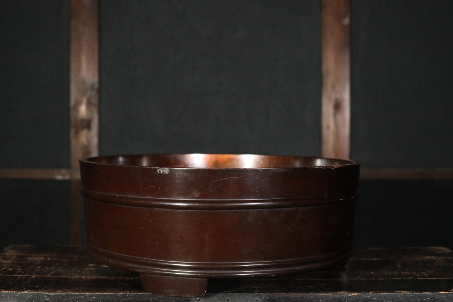 RARE! Japanese antique furniture lacquer gold MAKIE large wooden tub, with river and flower plants painting Edo 1800s H20.4in/51.7cm