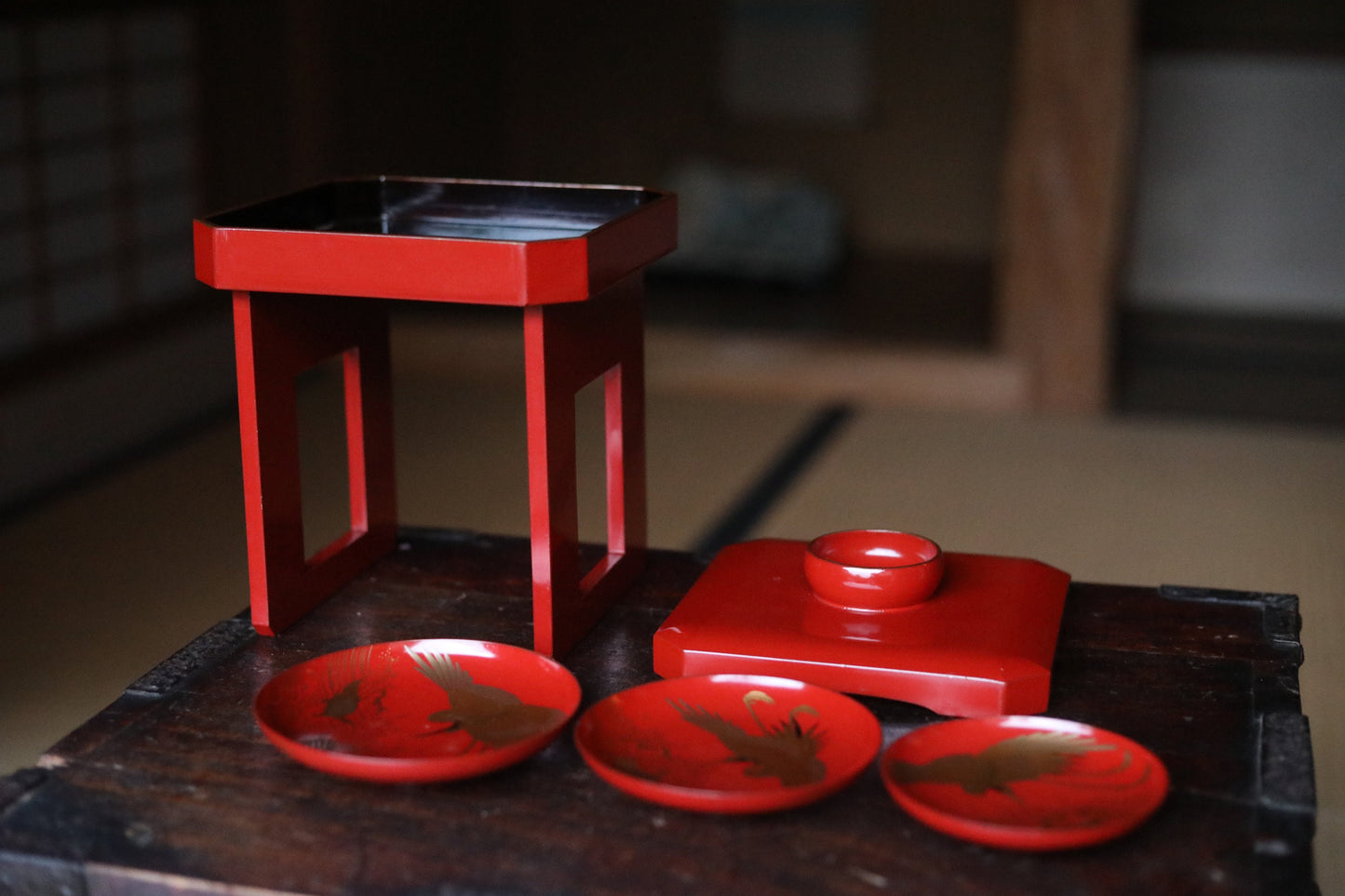 FINE! Set of 3 red gold lacquer MAKIE wooden sake cups with bards crane and turtles, Japanese Antique 1916s sakazuki urushi 4.9in/12.5cm