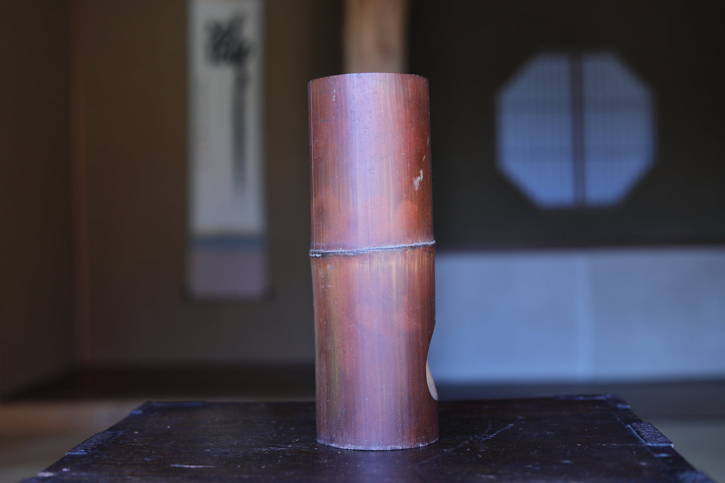 Japanese vintage bamboo vase with gourd curved design and Kanji calligraphy,IKEBANA, Tea ceremony Japanese furniture H11.8×4.1in/30×10.5cm