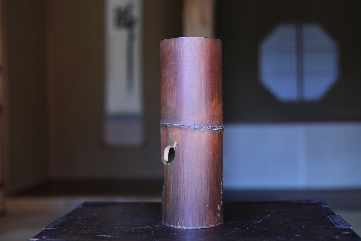 Japanese vintage bamboo vase with gourd curved design and Kanji calligraphy,IKEBANA, Tea ceremony Japanese furniture H11.8×4.1in/30×10.5cm