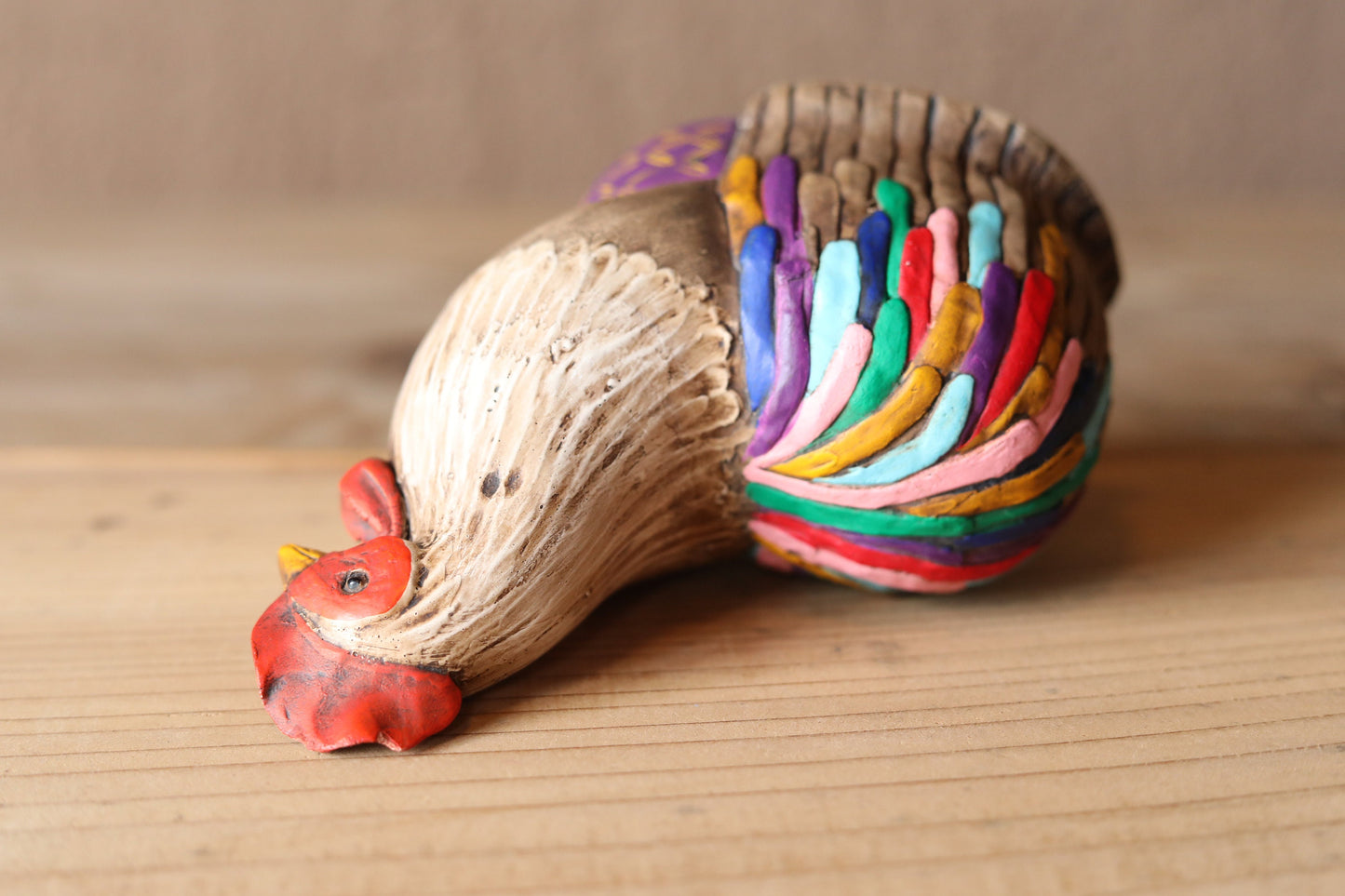 Japanese vintage Peacock bird doll TORI made of pottery hand made animal ornament Kanji Signature, Chinese zodiac H5.3×4.6in/13.5×11.7cm