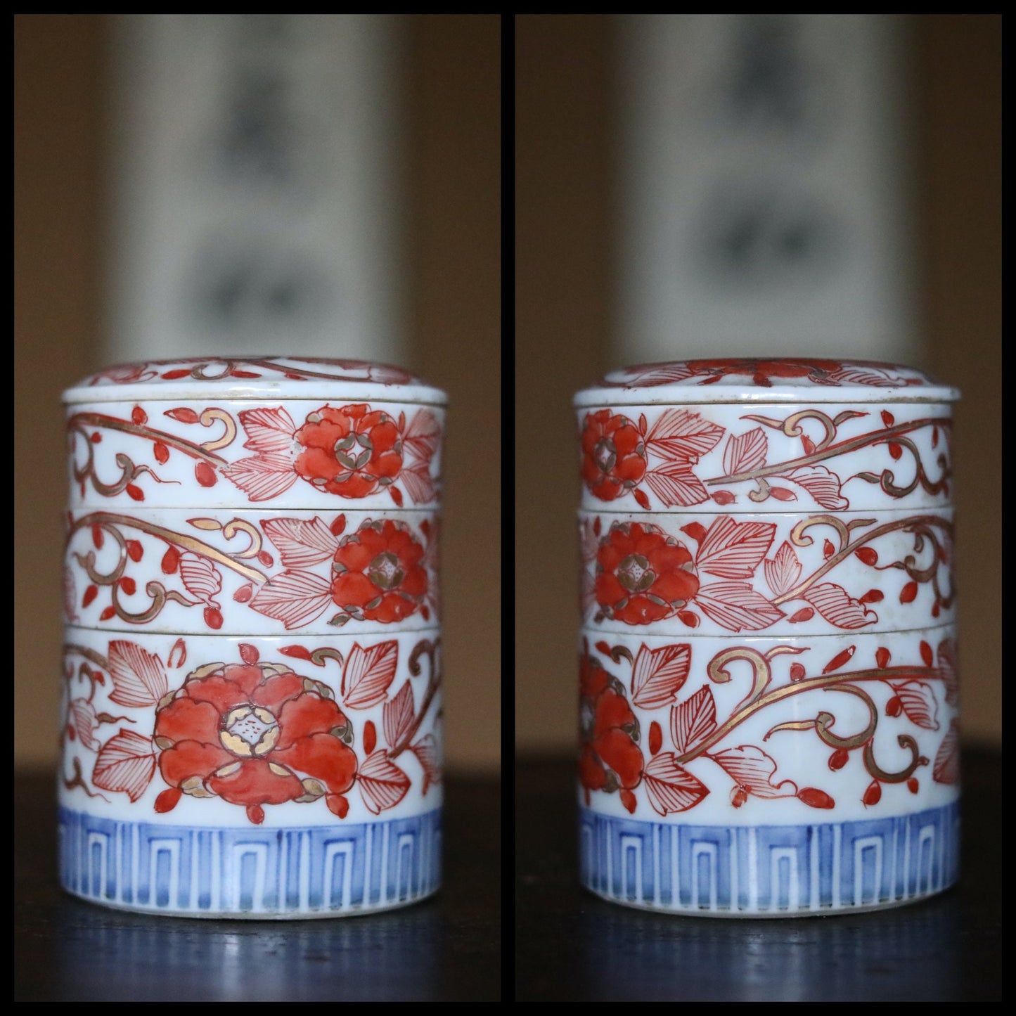 Japanese Antique Box Jūbako Imari Porcelain with flower hand painting Stacking ceramic jewelry Box Japanese furniture 1880s H4.3in/11cm