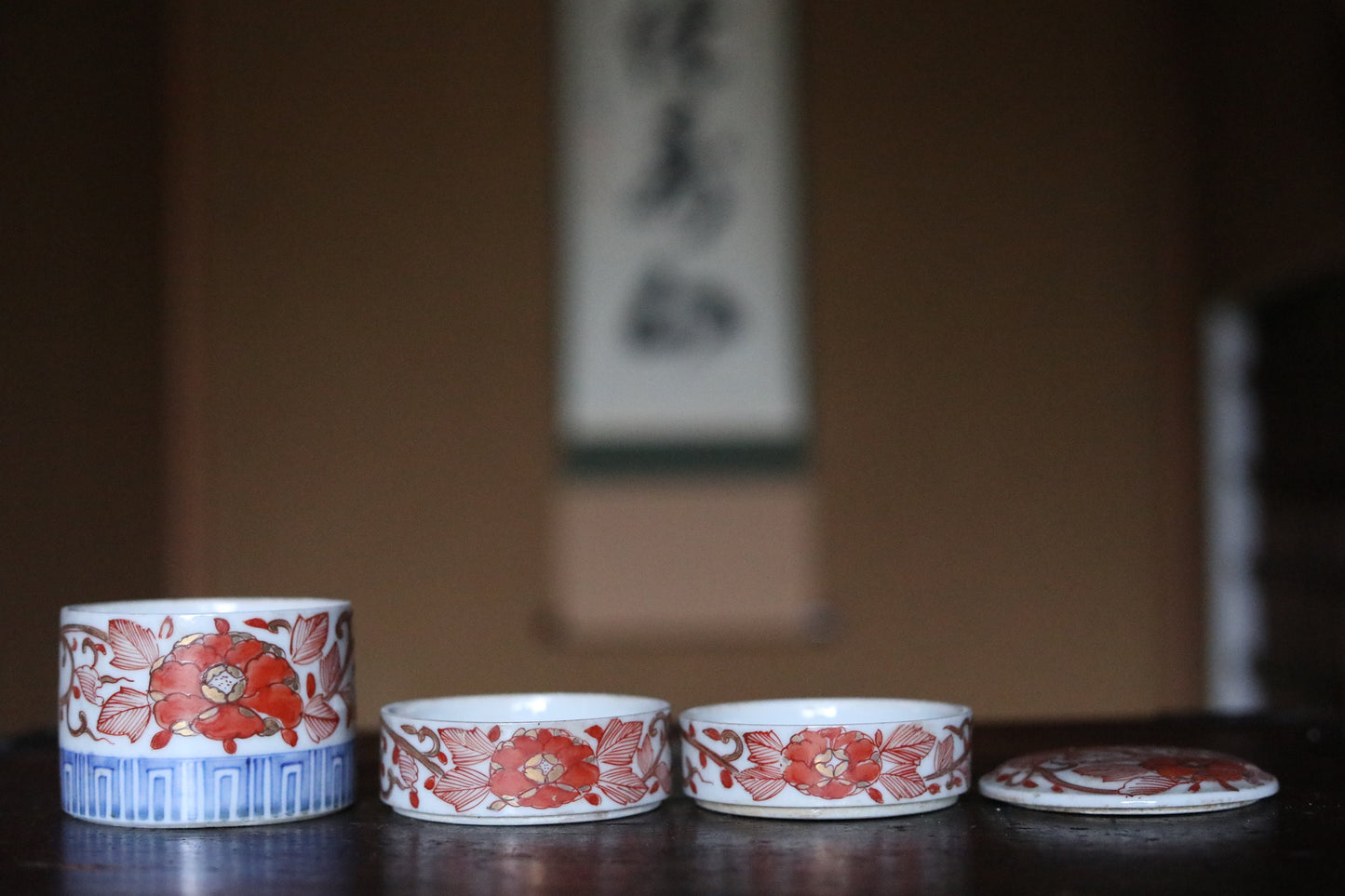 Japanese Antique Box Jūbako Imari Porcelain with flower hand painting Stacking ceramic jewelry Box Japanese furniture 1880s H4.3in/11cm