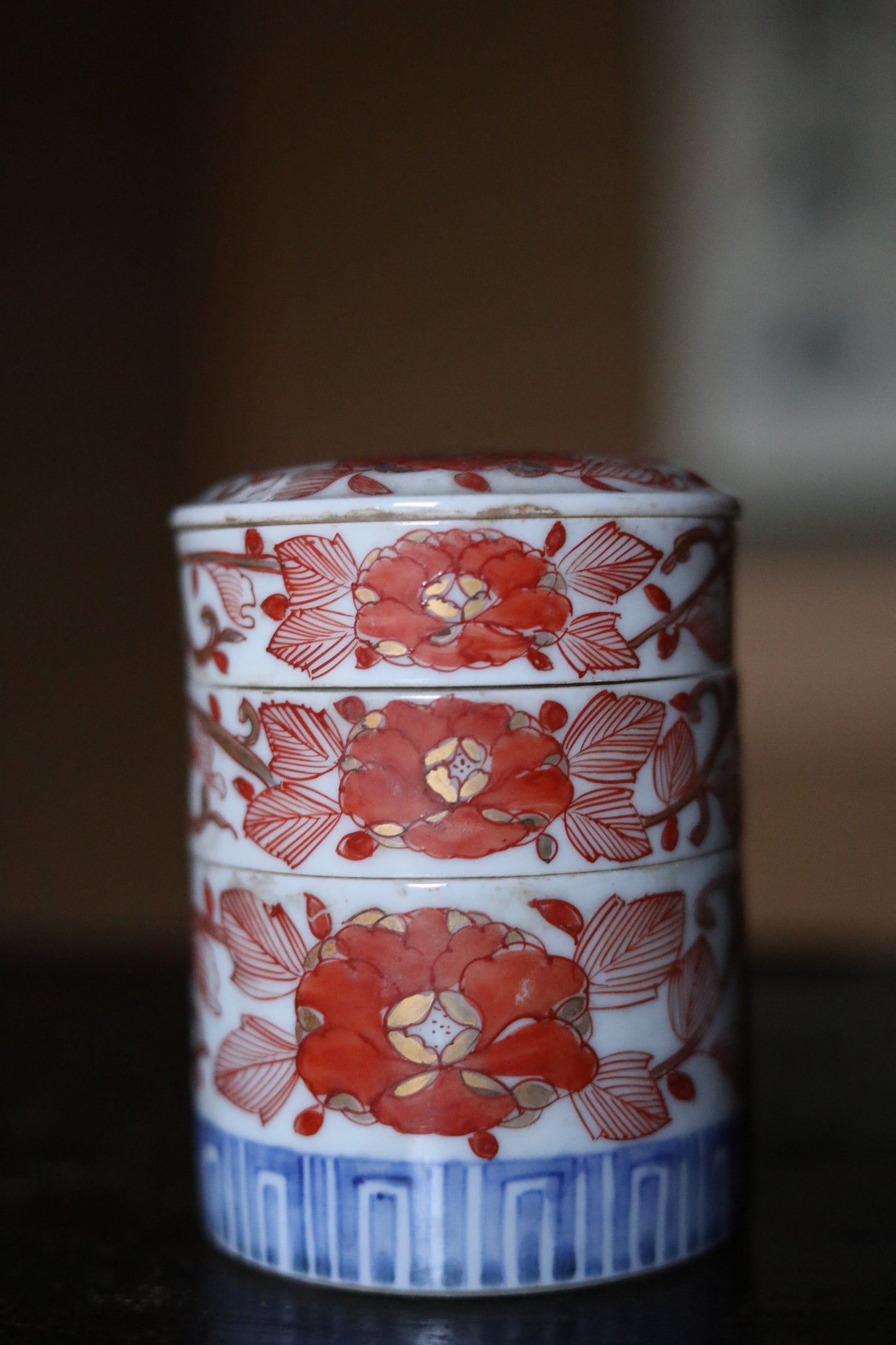 Japanese Antique Box Jūbako Imari Porcelain with flower hand painting Stacking ceramic jewelry Box Japanese furniture 1880s H4.3in/11cm