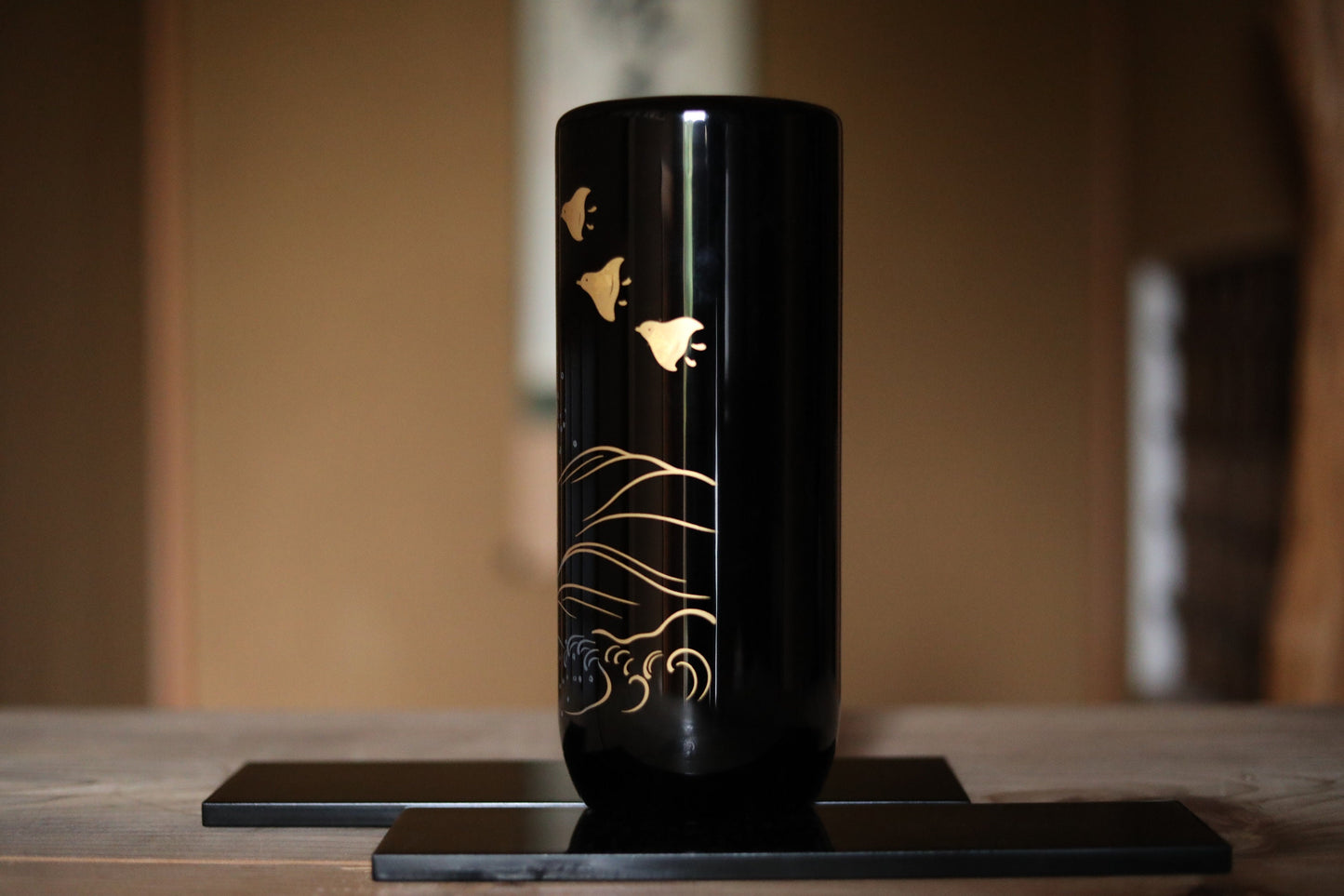 Japanese vintage black lacquer MAKIE flower vase with birds wave picture in gold, Ikebana utensil, tea ceremony, for GIFT H9.4in/24cm