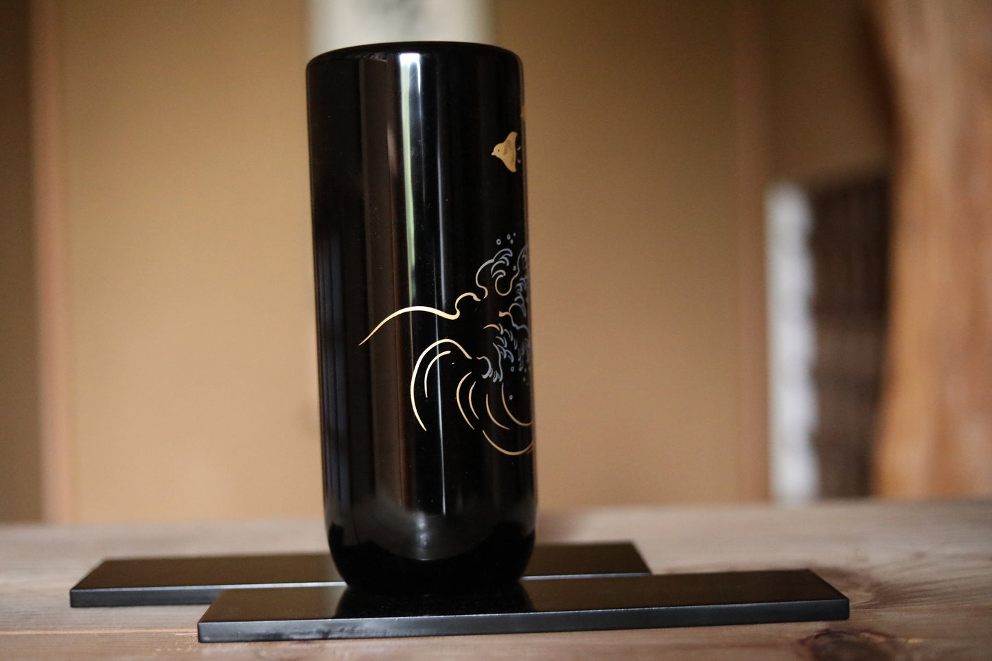 Japanese vintage black lacquer MAKIE flower vase with birds wave picture in gold, Ikebana utensil, tea ceremony, for GIFT H9.4in/24cm
