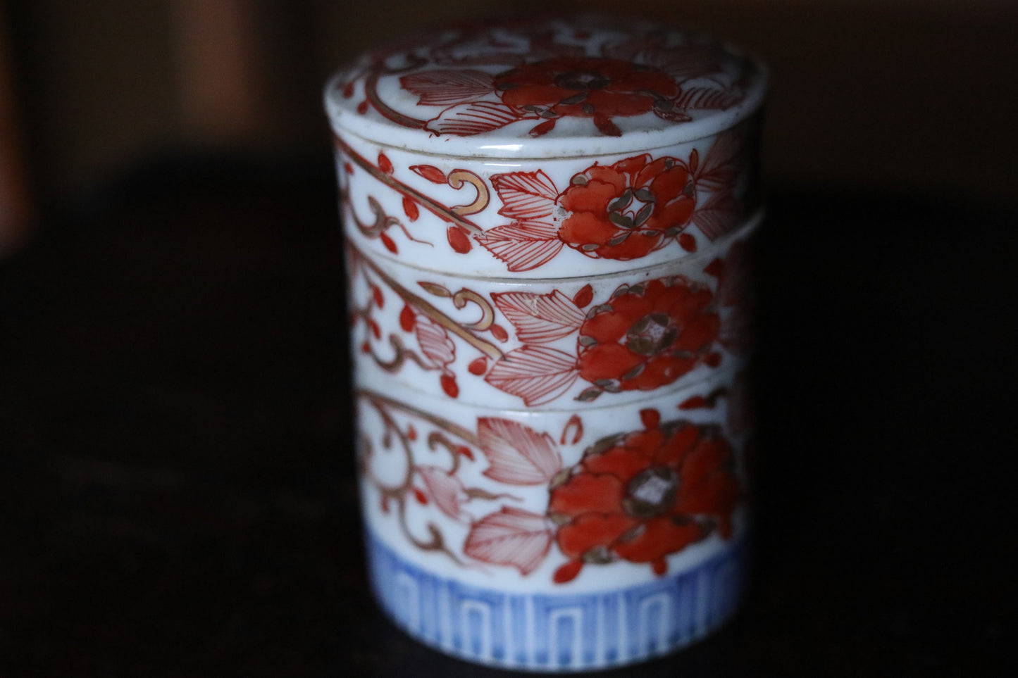 Japanese Antique Box Jūbako Imari Porcelain with flower hand painting Stacking ceramic jewelry Box Japanese furniture 1880s H4.3in/11cm