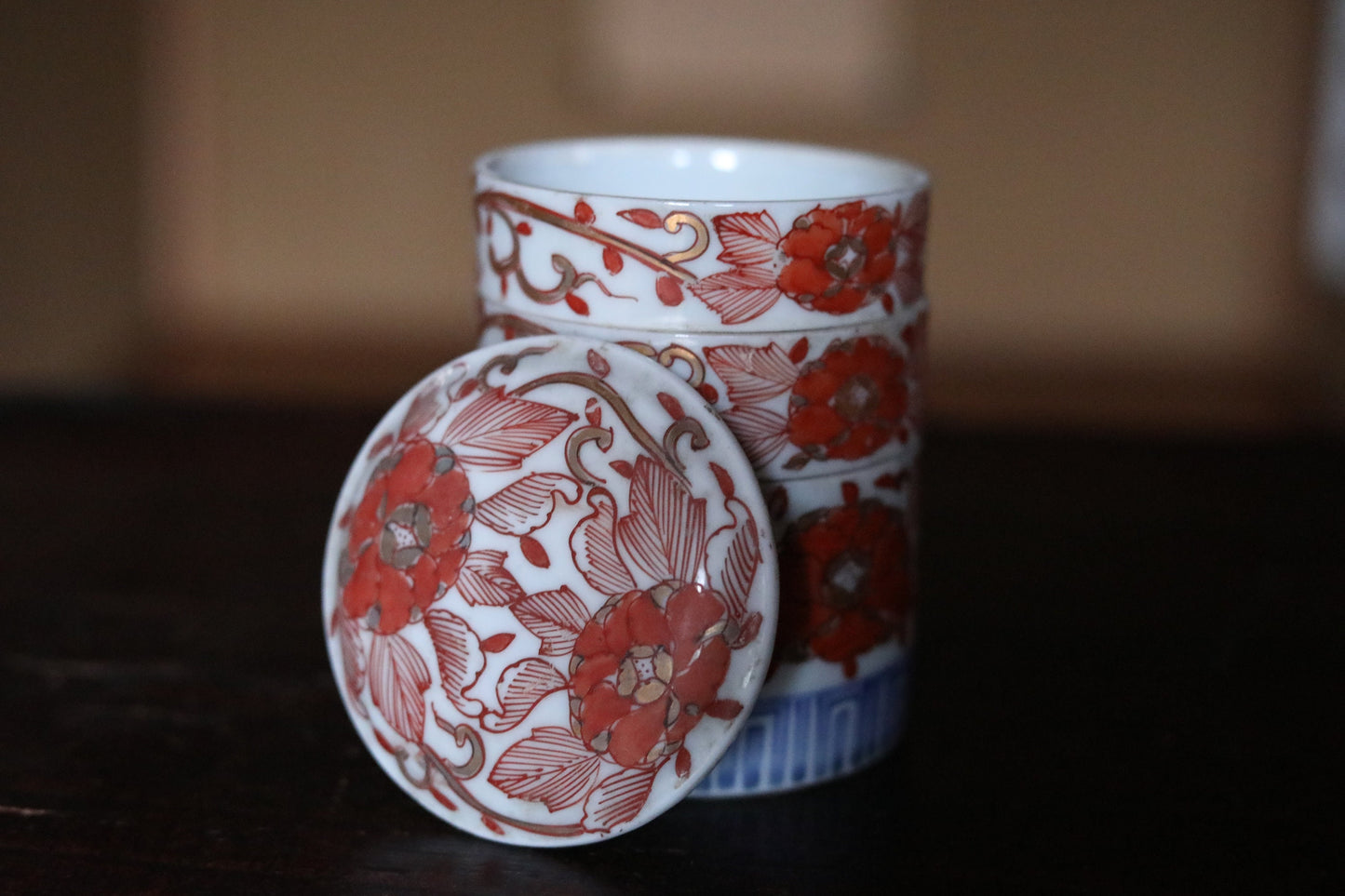 Japanese Antique Box Jūbako Imari Porcelain with flower hand painting Stacking ceramic jewelry Box Japanese furniture 1880s H4.3in/11cm