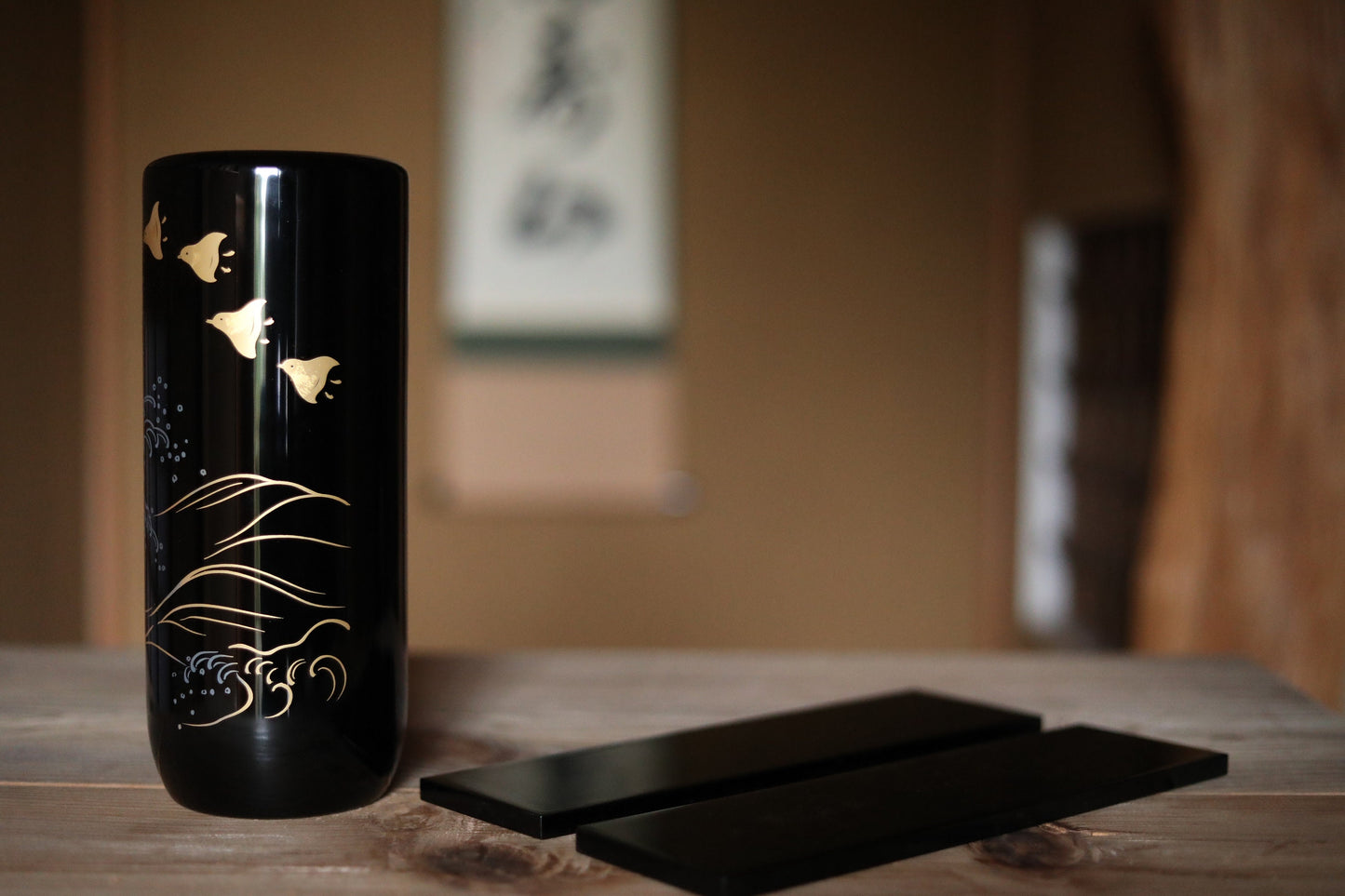 Japanese vintage black lacquer MAKIE flower vase with birds wave picture in gold, Ikebana utensil, tea ceremony, for GIFT H9.4in/24cm