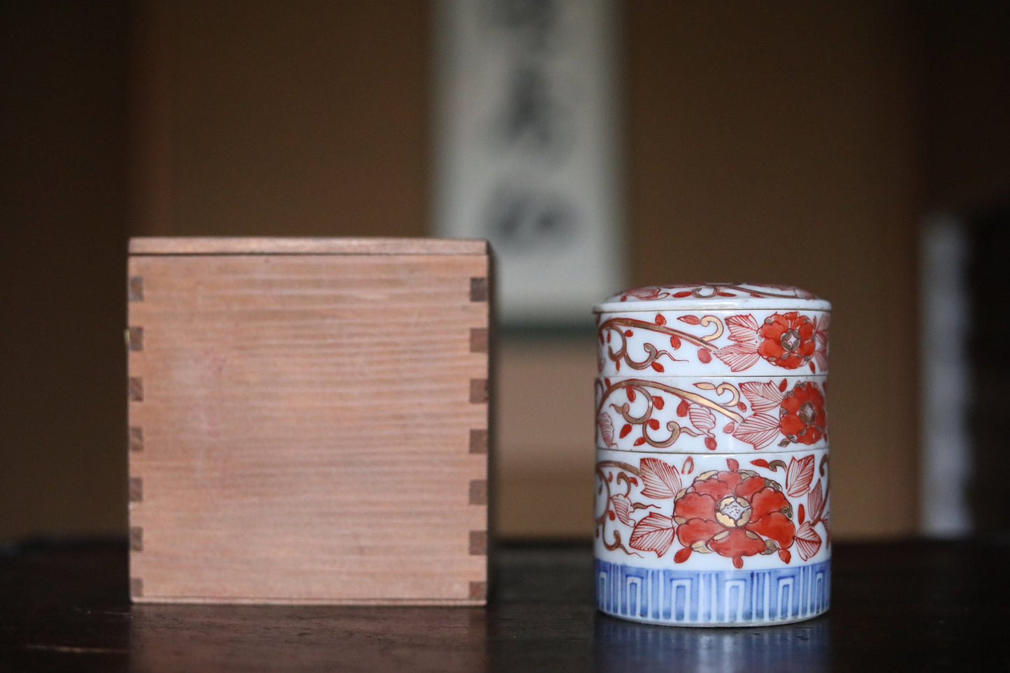 Japanese Antique Box Jūbako Imari Porcelain with flower hand painting Stacking ceramic jewelry Box Japanese furniture 1880s H4.3in/11cm