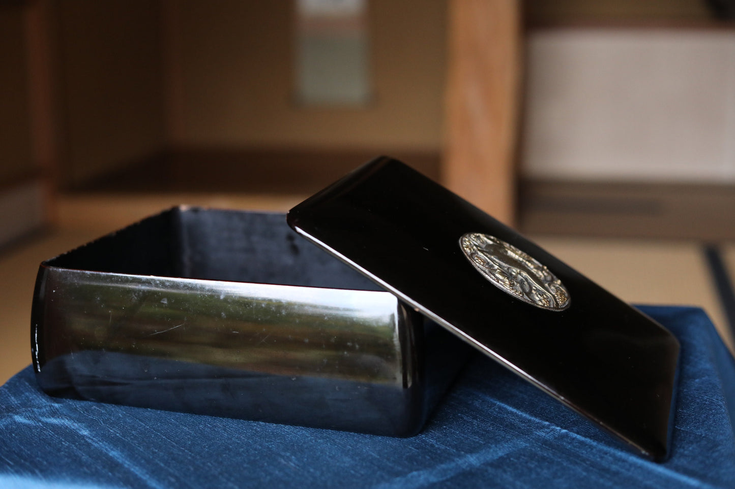 Japanese Makie Black Lacquer wooden box for letter container with a brass emblem of a goat and grapes from Aesop's fables, W10.8×D8.7in