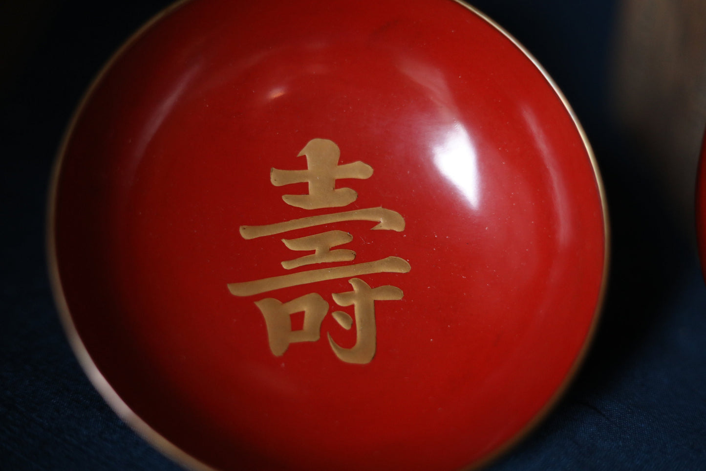Japanese Antique urushi Red lacquer wooden nesting three bowls with Kanji 寿(congratulations) Gold, wood craft 1920s "SAKAZUKI" 5.3in/13.5cm