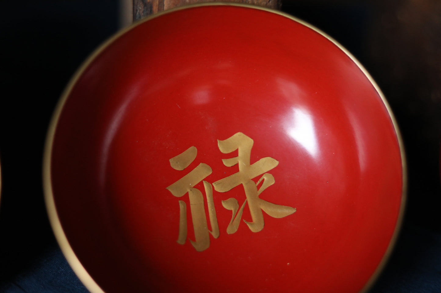 Japanese Antique urushi Red lacquer wooden nesting three bowls with Kanji 寿(congratulations) Gold, wood craft 1920s "SAKAZUKI" 5.3in/13.5cm