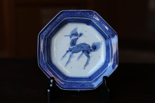 FINE! Japanese antiques fine Imari porcelain plate octagon dish Dragon Indigo Blue White qilin hand painting KOIMARI EDO craft 6.4in/16.2cm