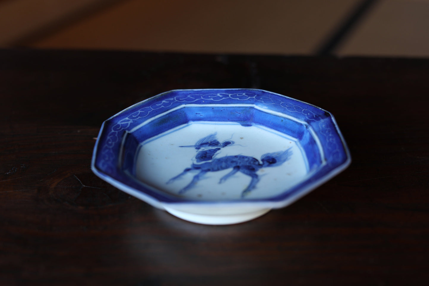 FINE! Japanese antiques fine Imari porcelain plate octagon dish Dragon Indigo Blue White qilin hand painting KOIMARI EDO craft 6.4in/16.2cm