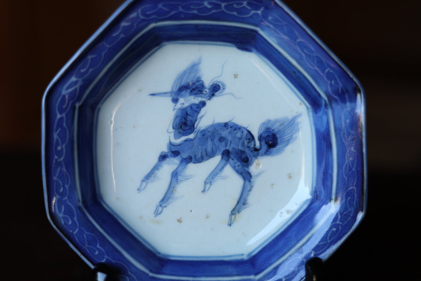 FINE! Japanese antiques fine Imari porcelain plate octagon dish Dragon Indigo Blue White qilin hand painting KOIMARI EDO craft 6.4in/16.2cm