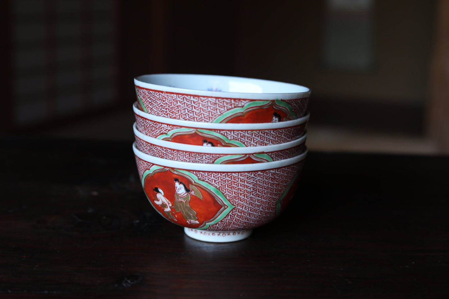 FINE! Set of 4 Japanese Antique old 九谷Kutani ware porcelain bowls, OWAN, Tea cup, beautiful hand paint tableware Tea ceremony W4.5in/W11.5cm