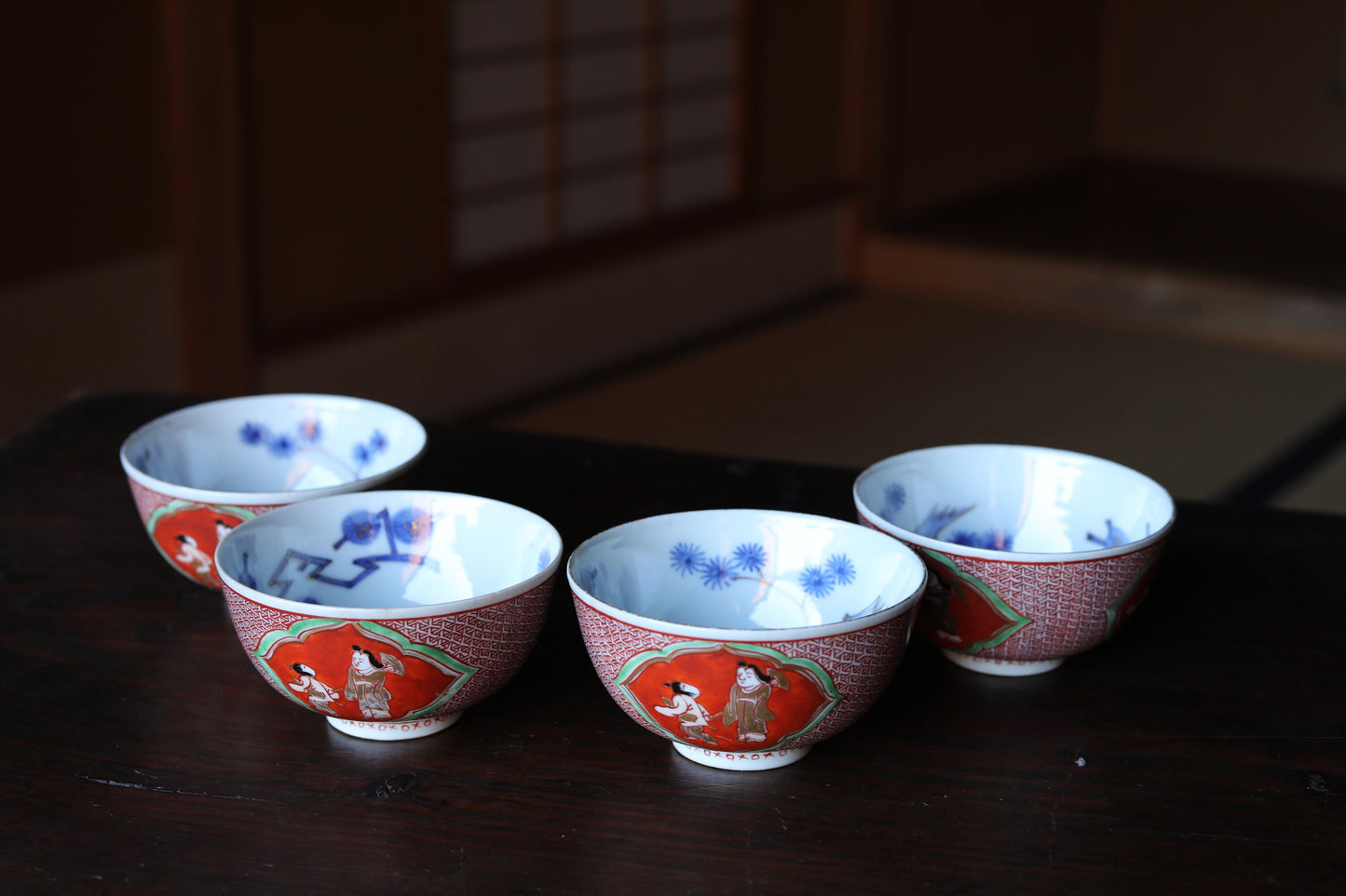 FINE! Set of 4 Japanese Antique old 九谷Kutani ware porcelain bowls, OWAN, Tea cup, beautiful hand paint tableware Tea ceremony W4.5in/W11.5cm