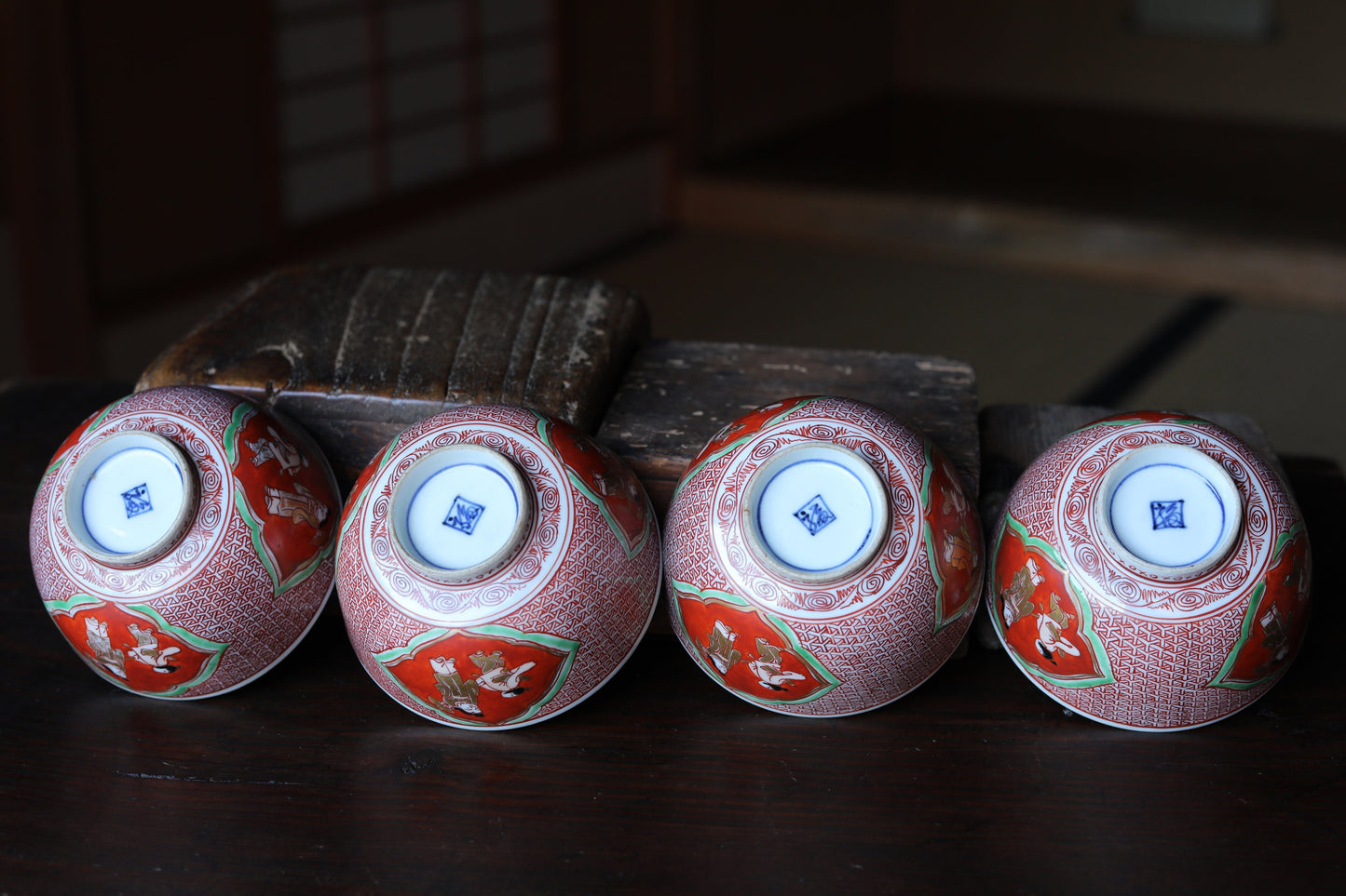 FINE! Set of 4 Japanese Antique old 九谷Kutani ware porcelain bowls, OWAN, Tea cup, beautiful hand paint tableware Tea ceremony W4.5in/W11.5cm