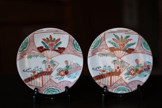 EDO craft 1800s pair of Japanese antique plate old IMARI ware porcelain dishes, beautiful Plant flowers monk pattern tableware 6.8in/17.2cm