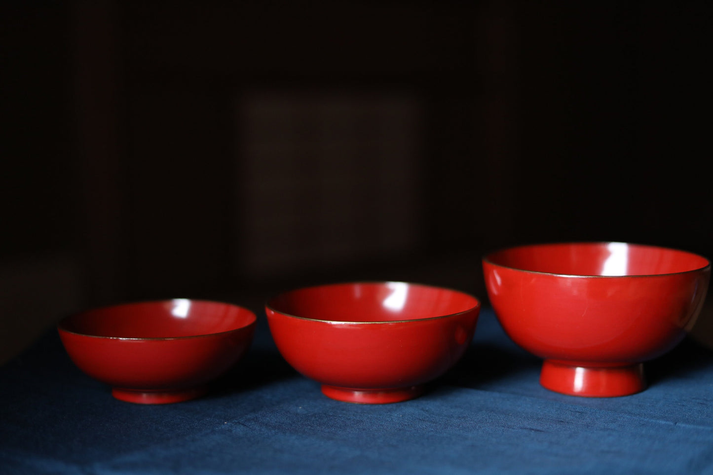 Japanese Antique urushi Red lacquer wooden nesting three bowls with Kanji 寿(congratulations) Gold, wood craft 1920s "SAKAZUKI" 5.3in/13.5cm