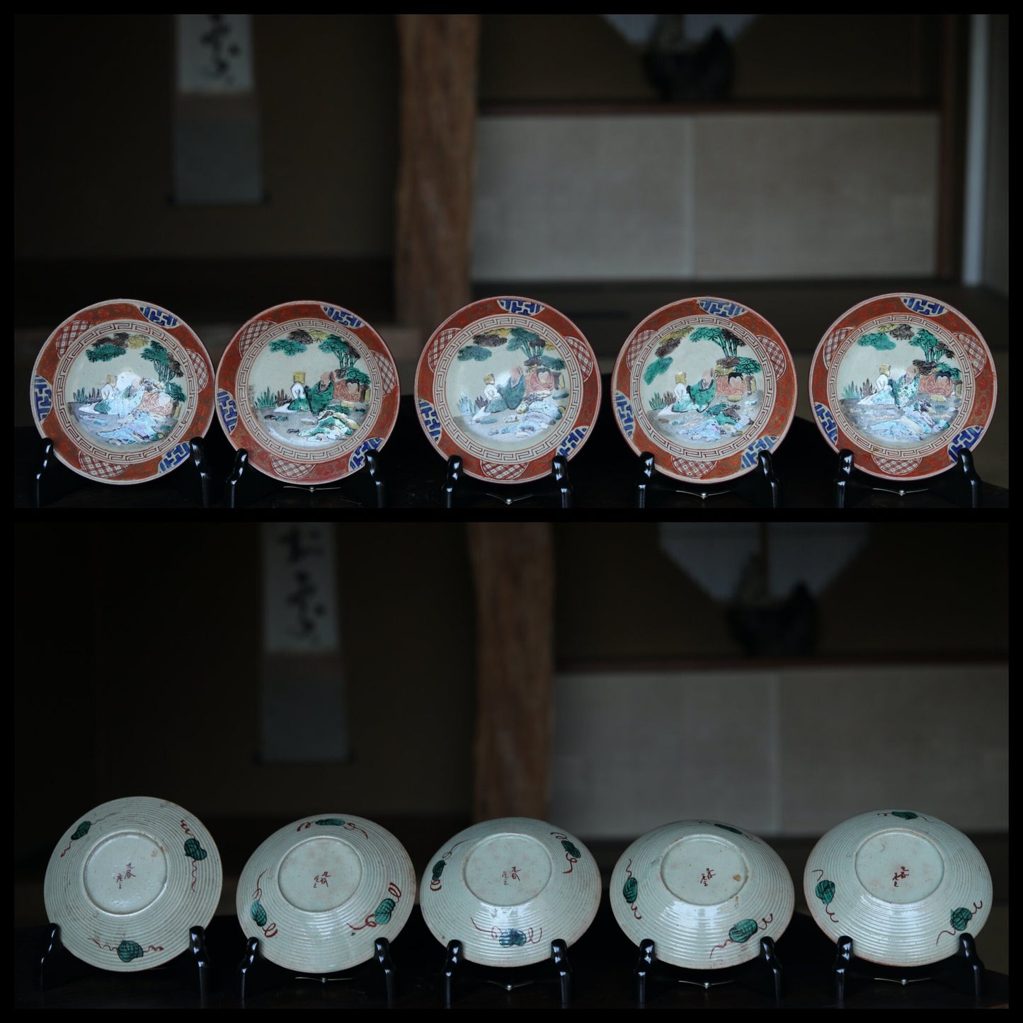 Japanese antique plate porcelain set of 5 old KUTANI ware dishes, Chinese Red Gold hermit painting tableware EDO Meiji 1870s 4.9in/12.5cm