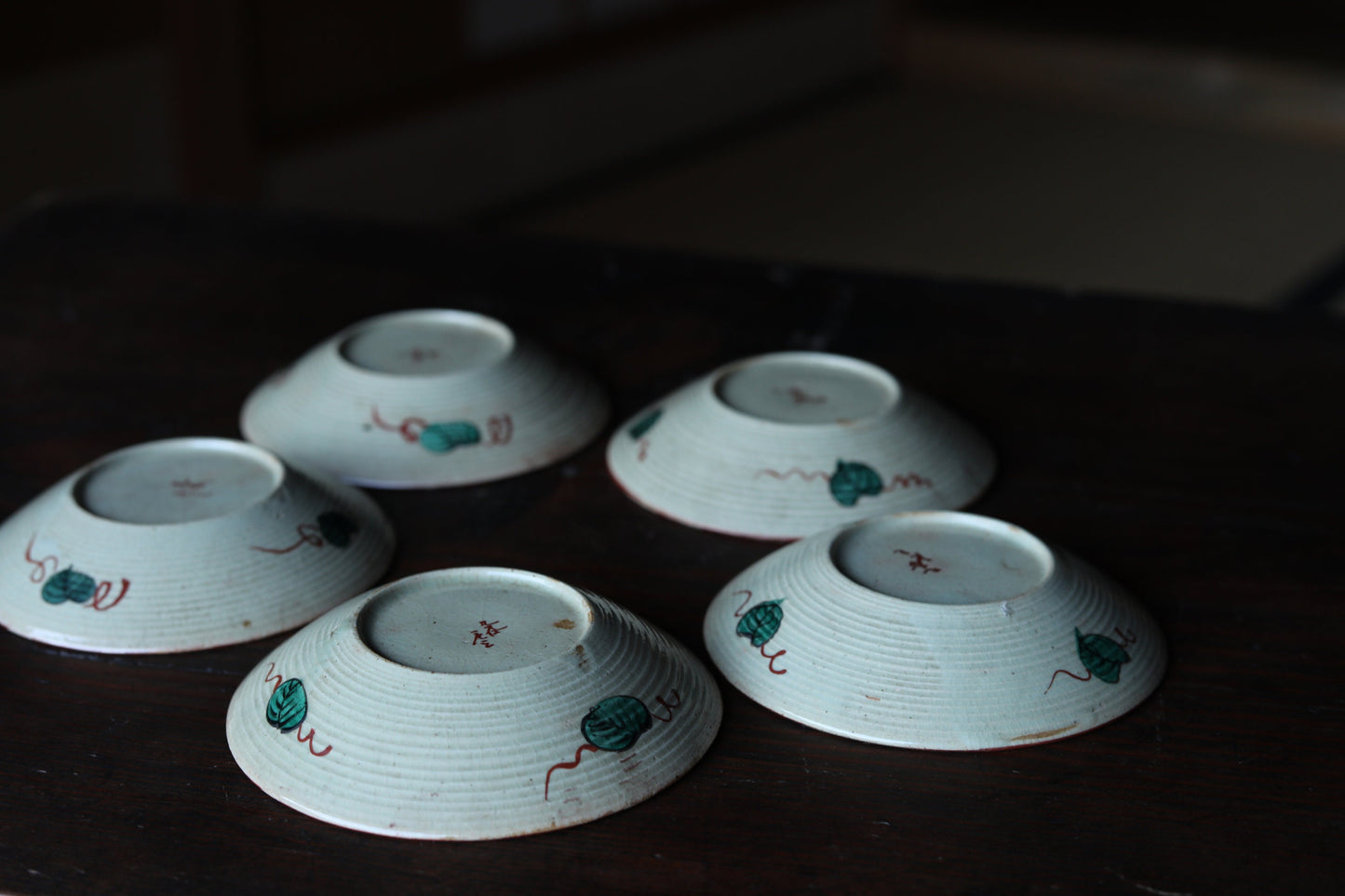 Japanese antique plate porcelain set of 5 old KUTANI ware dishes, Chinese Red Gold hermit painting tableware EDO Meiji 1870s 4.9in/12.5cm