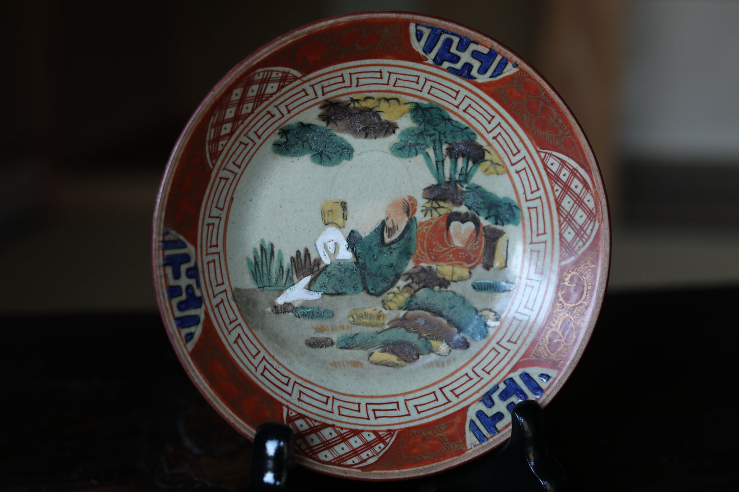 Japanese antique plate porcelain set of 5 old KUTANI ware dishes, Chinese Red Gold hermit painting tableware EDO Meiji 1870s 4.9in/12.5cm