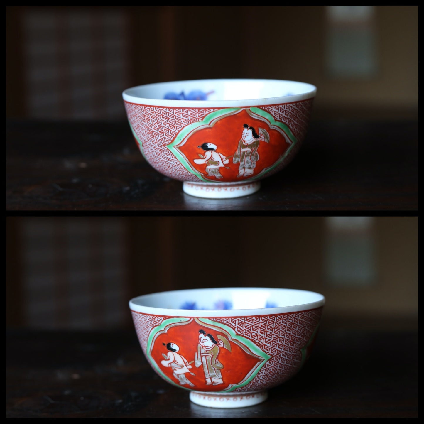 FINE! Set of 4 Japanese Antique old 九谷Kutani ware porcelain bowls, OWAN, Tea cup, beautiful hand paint tableware Tea ceremony W4.5in/W11.5cm