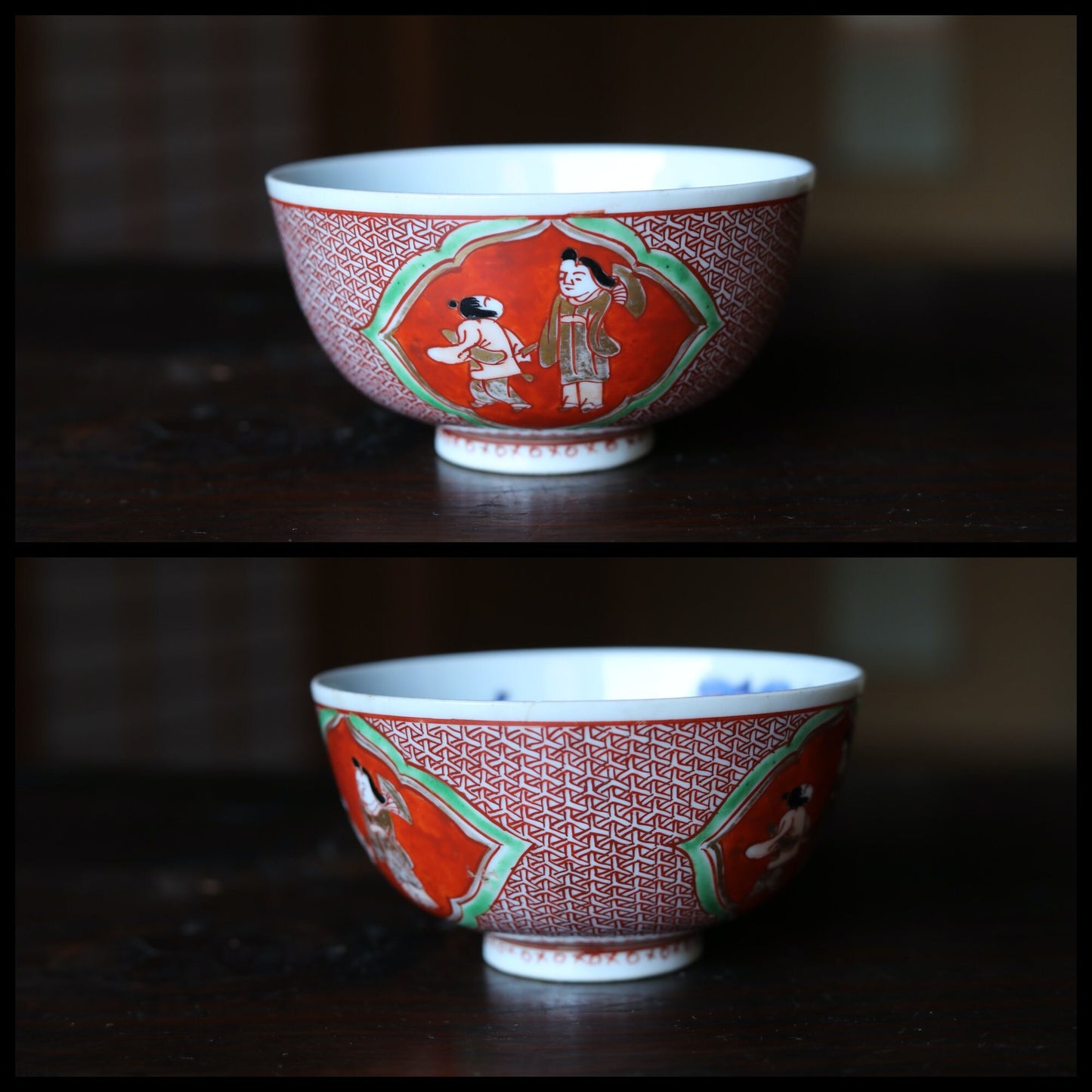 FINE! Set of 4 Japanese Antique old 九谷Kutani ware porcelain bowls, OWAN, Tea cup, beautiful hand paint tableware Tea ceremony W4.5in/W11.5cm