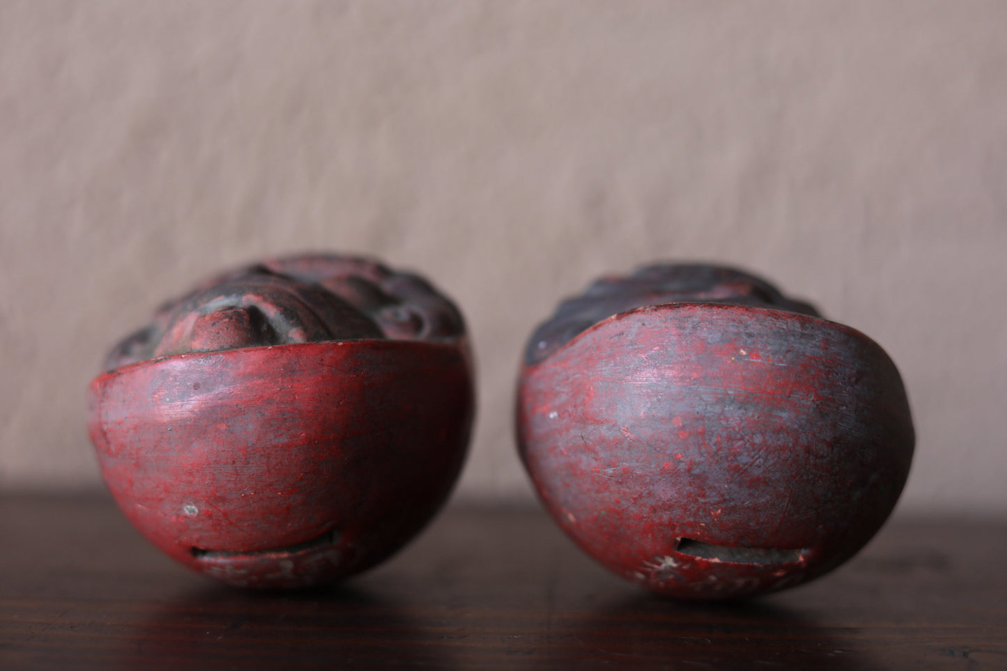 Pair of Japanese vintage "Daruma" doll statue, ceramic statue Buddhist monk priest ZEN master bank box H4.1in/H10.5cm