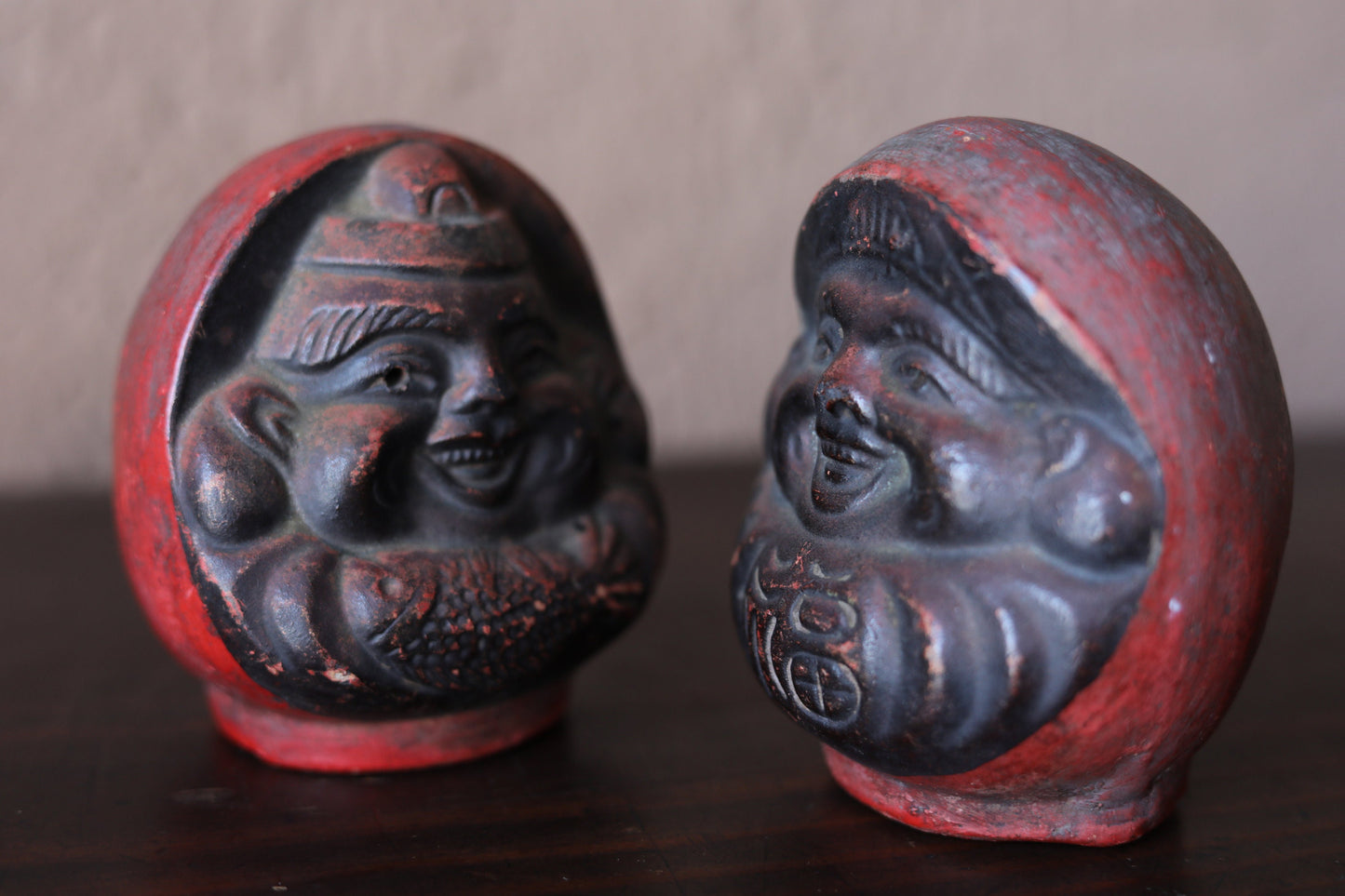 Pair of Japanese vintage "Daruma" doll statue, ceramic statue Buddhist monk priest ZEN master bank box H4.1in/H10.5cm