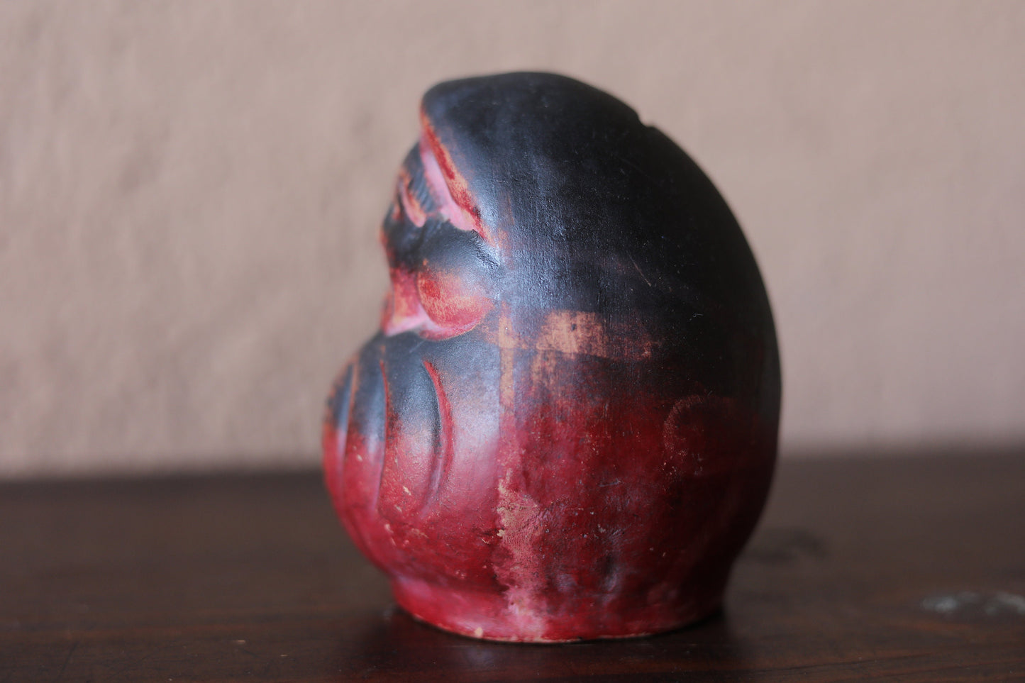 Japanese vintage "Daruma" doll statue with Kanji Happy福, ceramic savings box Buddhist monk priest ZEN master,H4.9in/H12.5cm
