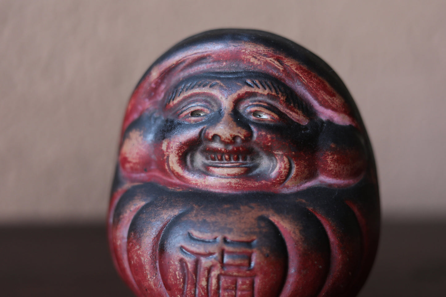 Japanese vintage "Daruma" doll statue with Kanji Happy福, ceramic savings box Buddhist monk priest ZEN master,H4.9in/H12.5cm
