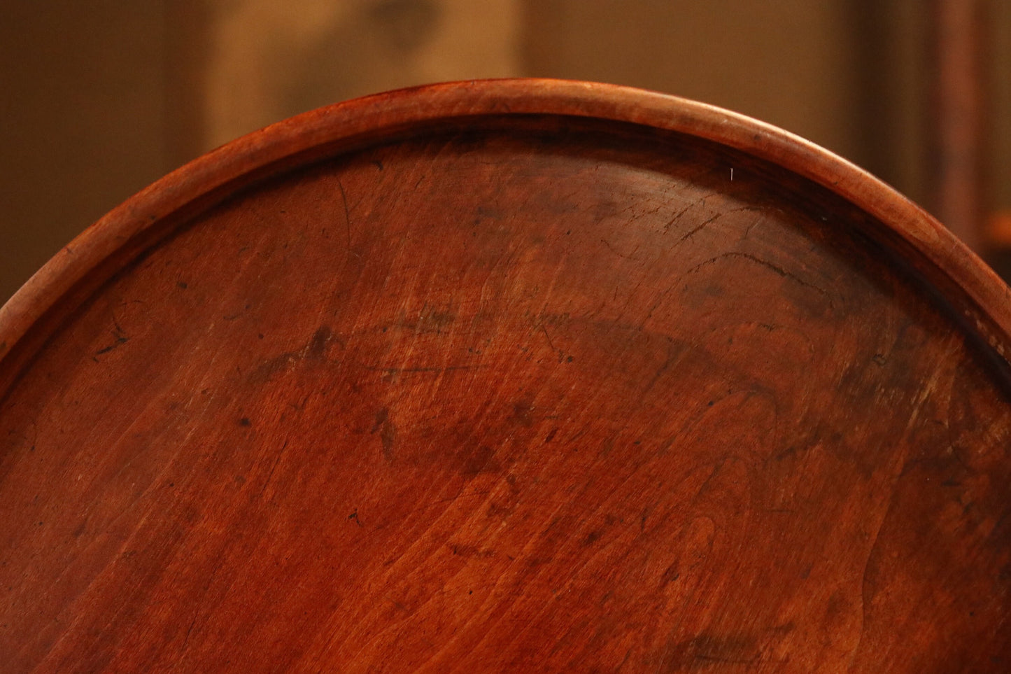 Japanese vintage furniture wooden round tray, Hollowed out from a single tree, OBON, Circular shape wood grain For Tea ceremony 13in/33cm