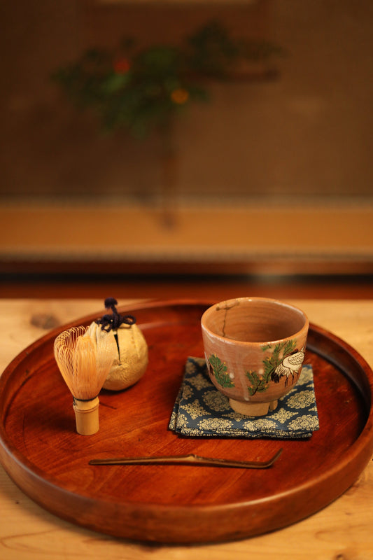 Japanese vintage furniture wooden round tray, Hollowed out from a single tree, OBON, Circular shape wood grain For Tea ceremony 13in/33cm