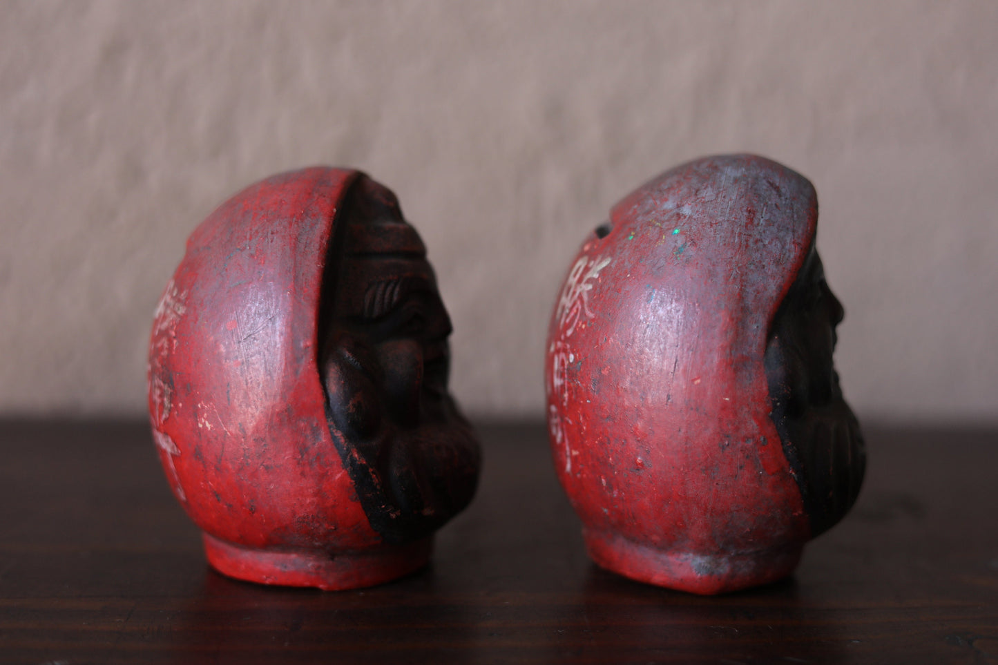 Pair of Japanese vintage "Daruma" doll statue, ceramic statue Buddhist monk priest ZEN master bank box H4.1in/H10.5cm