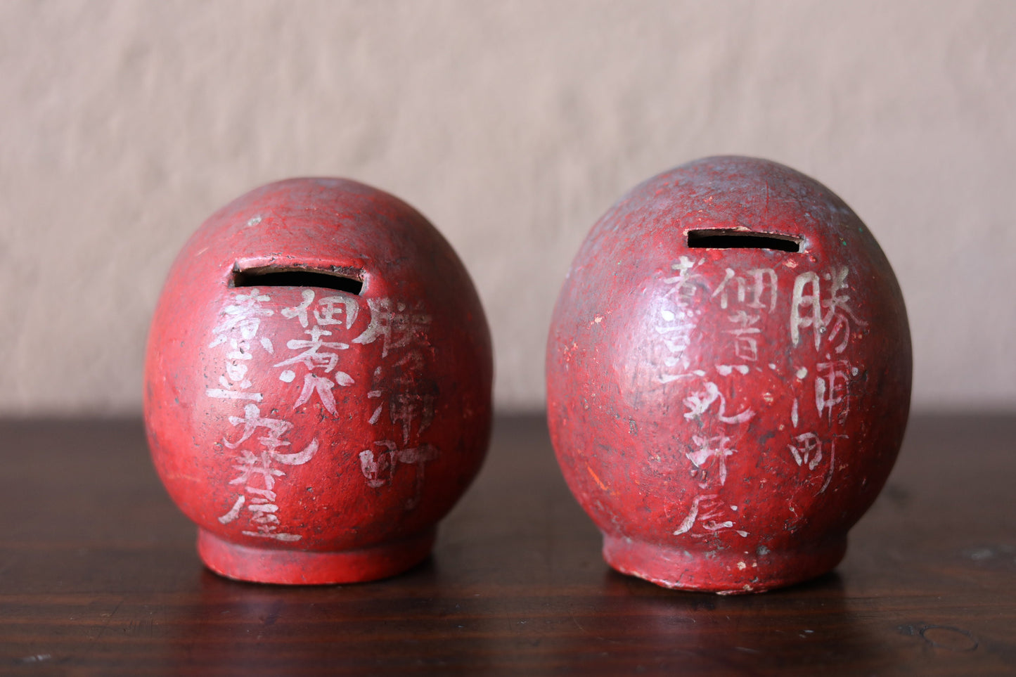 Pair of Japanese vintage "Daruma" doll statue, ceramic statue Buddhist monk priest ZEN master bank box H4.1in/H10.5cm