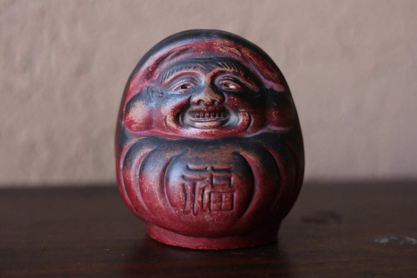 Japanese vintage "Daruma" doll statue with Kanji Happy福, ceramic savings box Buddhist monk priest ZEN master,H4.9in/H12.5cm