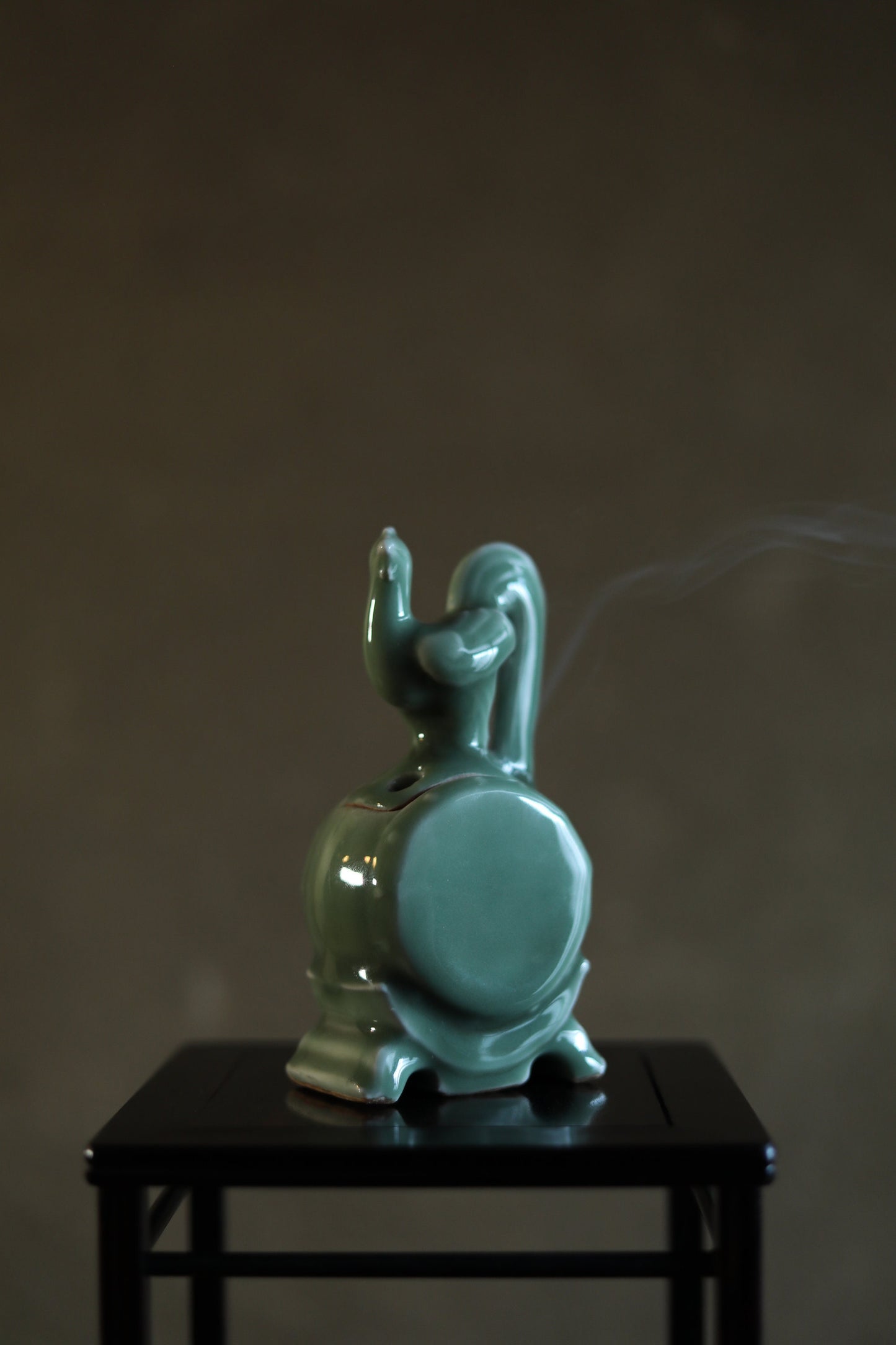 Japanese vintage Celadon porcelain censer bird "hen on the drum" with Kanji signature, wooden box, Incense burner H5.7×2.8in/H14.5×7cm