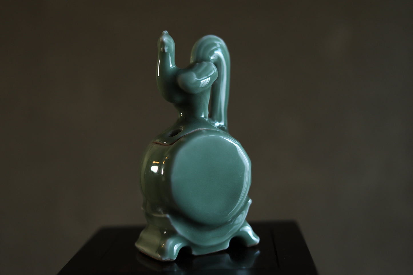 Japanese vintage Celadon porcelain censer bird "hen on the drum" with Kanji signature, wooden box, Incense burner H5.7×2.8in/H14.5×7cm