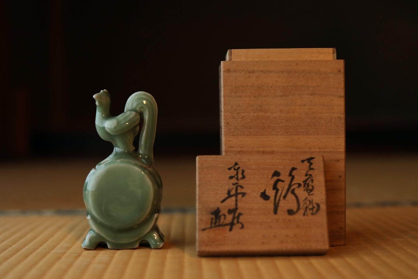 Japanese vintage Celadon porcelain censer bird "hen on the drum" with Kanji signature, wooden box, Incense burner H5.7×2.8in/H14.5×7cm