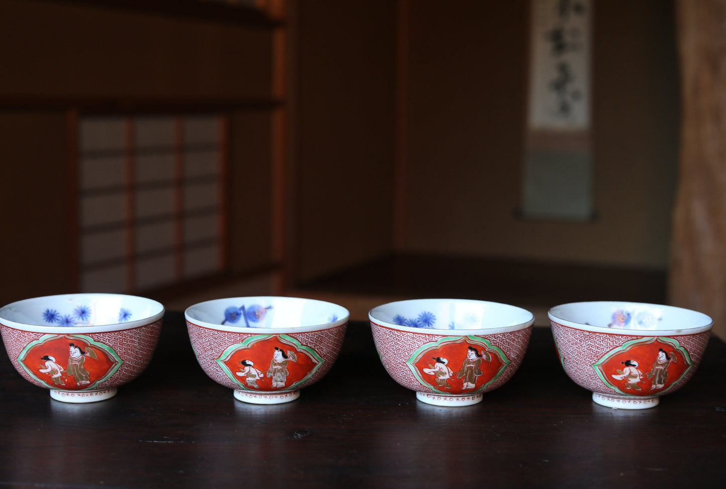 FINE! Set of 4 Japanese Antique old 九谷Kutani ware porcelain bowls, OWAN, Tea cup, beautiful hand paint tableware Tea ceremony W4.5in/W11.5cm
