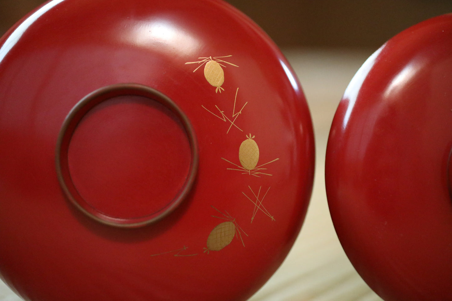 Japanese Antique sakazuki urushi sake set of 3 red gold lacquer MAKIE wooden sake cups with bards crane and pine trees 1800s
