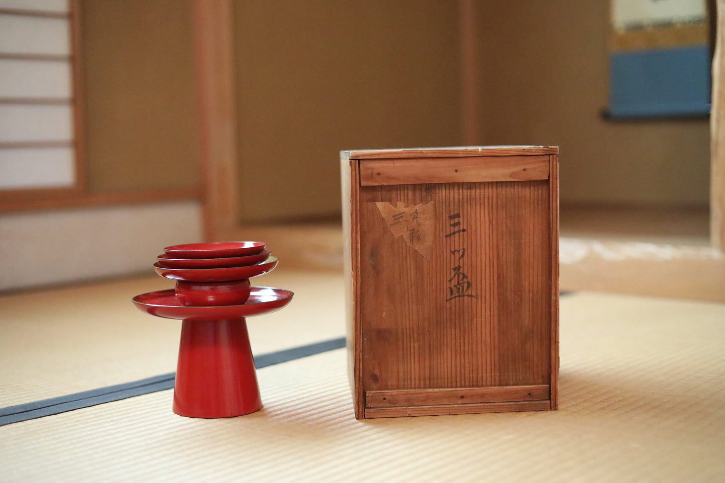 Japanese Antique sakazuki urushi sake set of 3 red gold lacquer MAKIE wooden sake cups with bards crane and pine trees 1800s