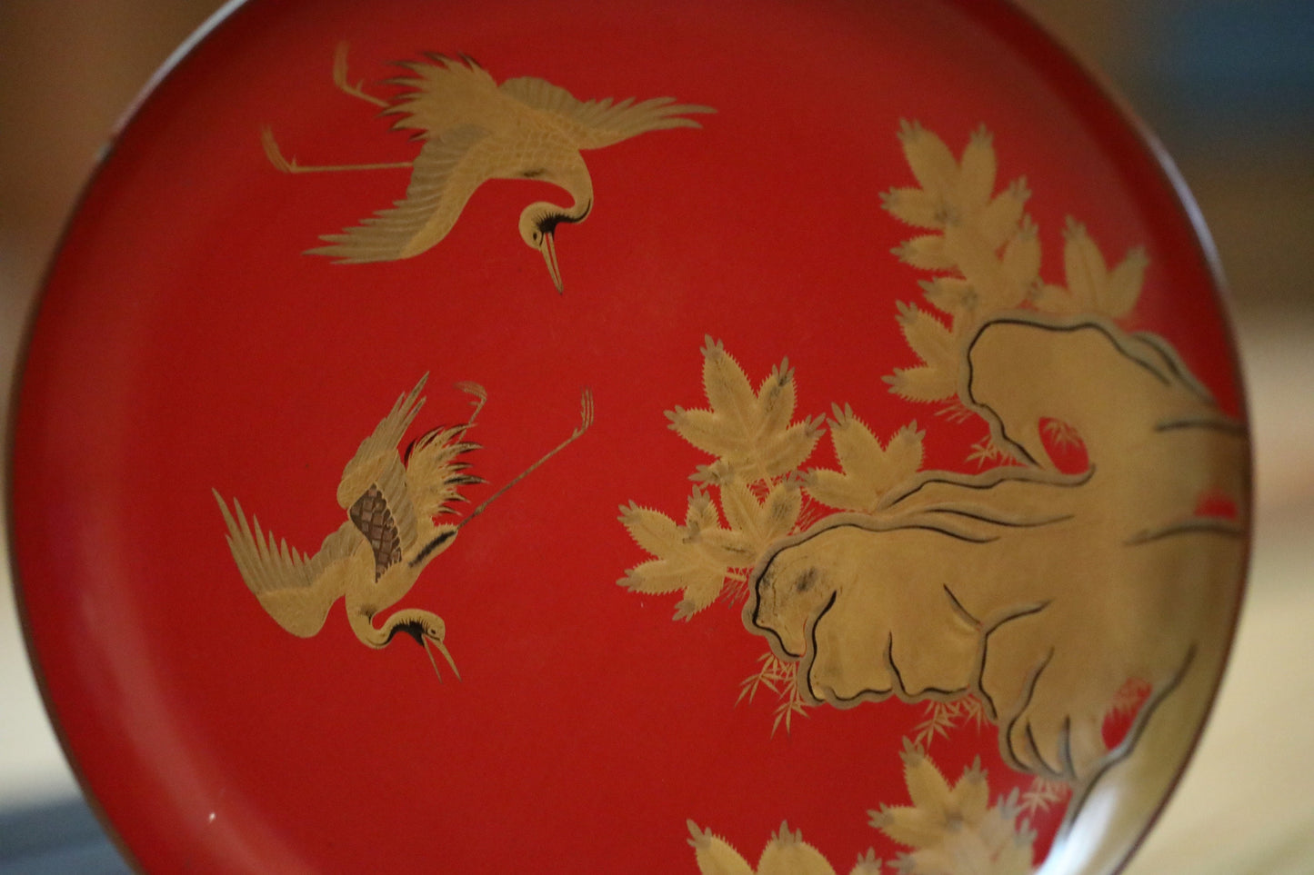 Japanese Antique sakazuki urushi sake set of 3 red gold lacquer MAKIE wooden sake cups with bards crane and pine trees 1800s