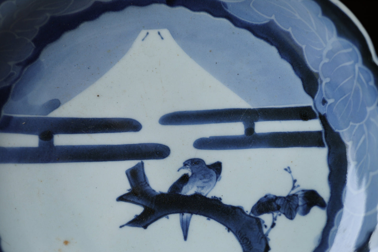 Japanese antique porcelain plate indigo Blue hand painting of Mt.Fuji and birds Authentic platter big dish KOIMARI edo 1800s 11.4in/29cm