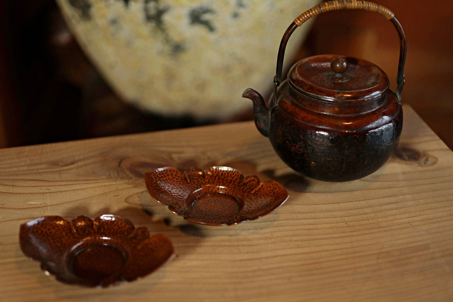 FINE! Japanese bronze copper cup holder saucers set 5 five CHATAKU with Flower design Sencha hand metal craft Tea coasters 4.7×3.1in/12×8cm